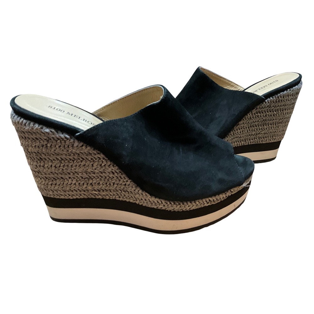 8100 Melrose Black Suede Wedge Sandals Platform Mules Made in Spain 39